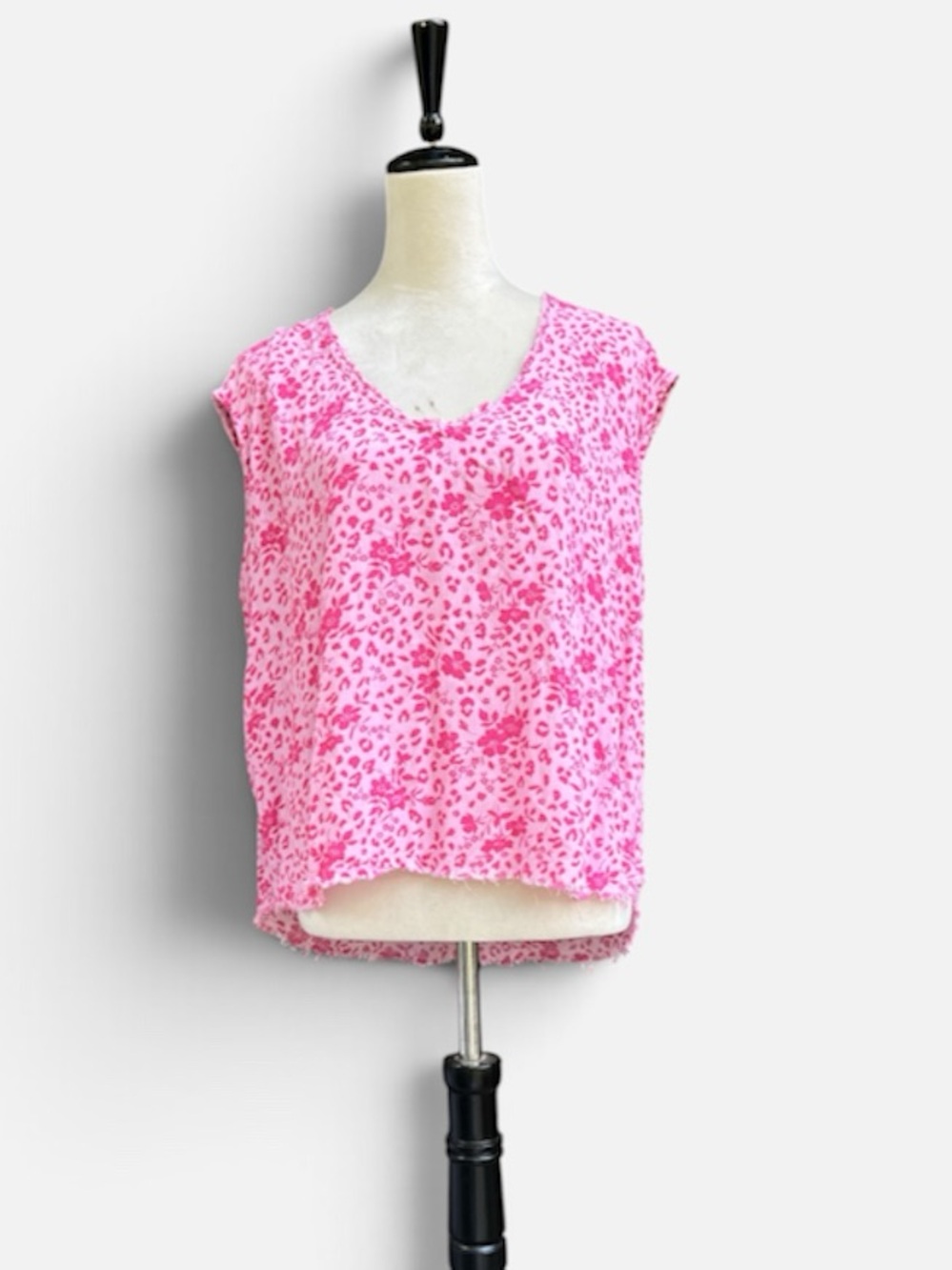 Karlie Fuchsia Mixed Print Fringed Raw Hem Crinkle Blouse Top Size M